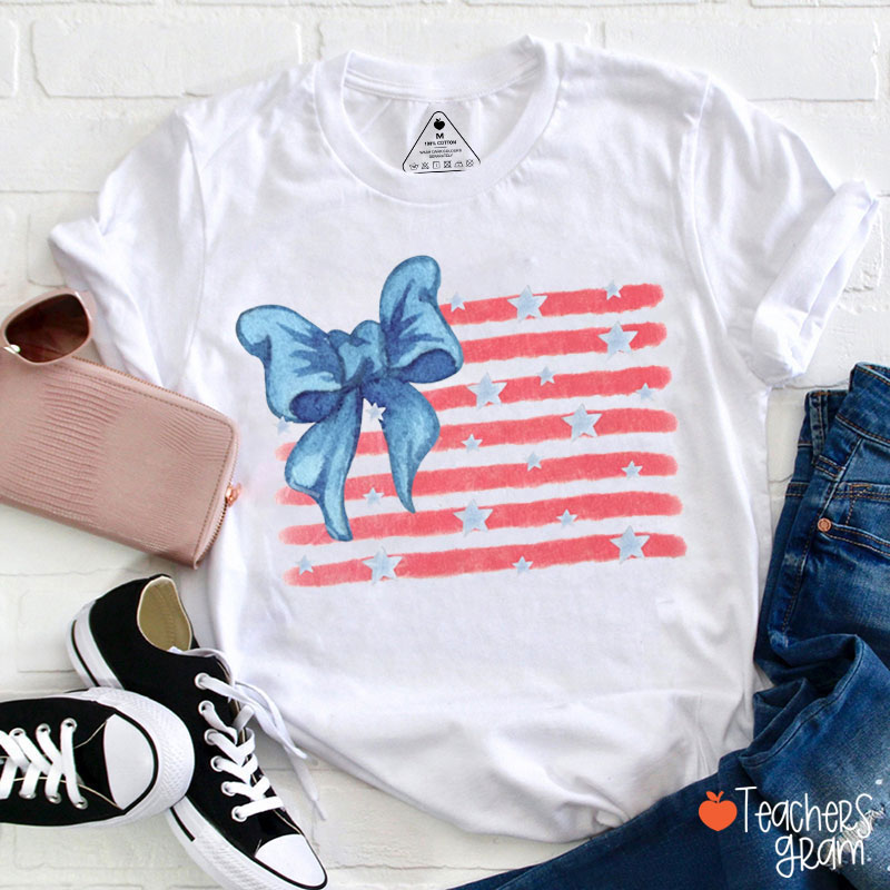 Coquette Bow American Flag Teacher T-Shirt