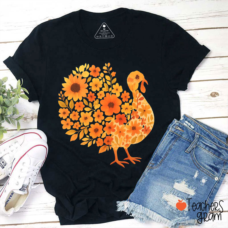 Boho Floral Turkey Teacher T-Shirt
