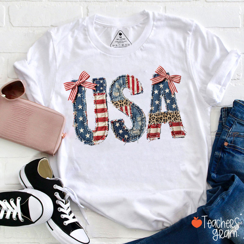 Faux Patchwork USA America Teacher T-Shirt