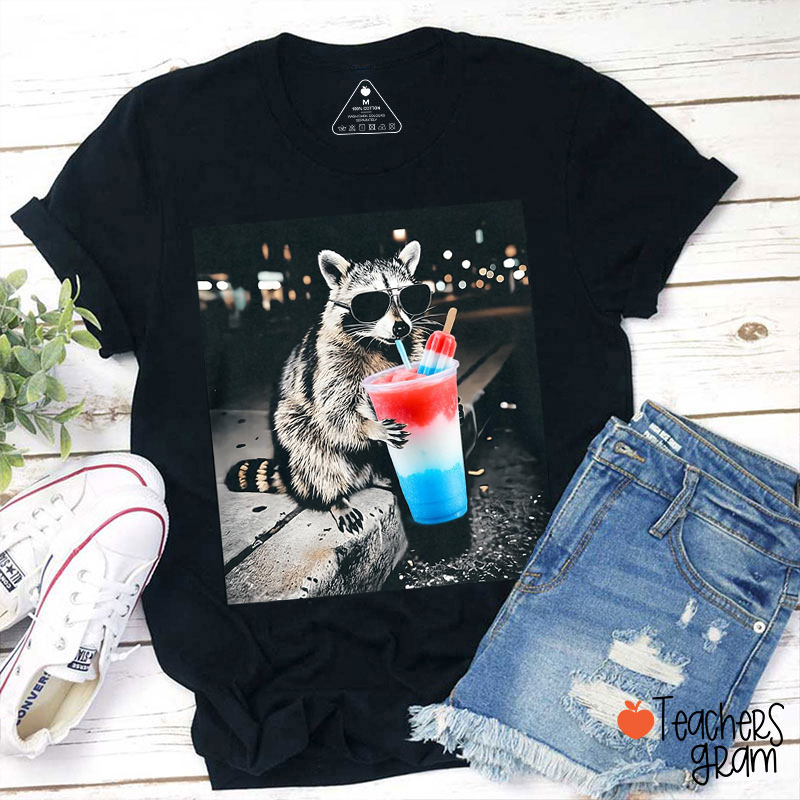 Raccoon Drinking Patriotic Slushie Teacher T-Shirt