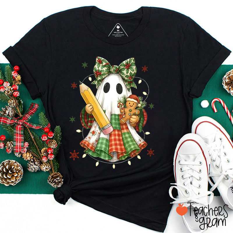Holly Jolly Spooky Ghost Christmas Teacher T-Shirt