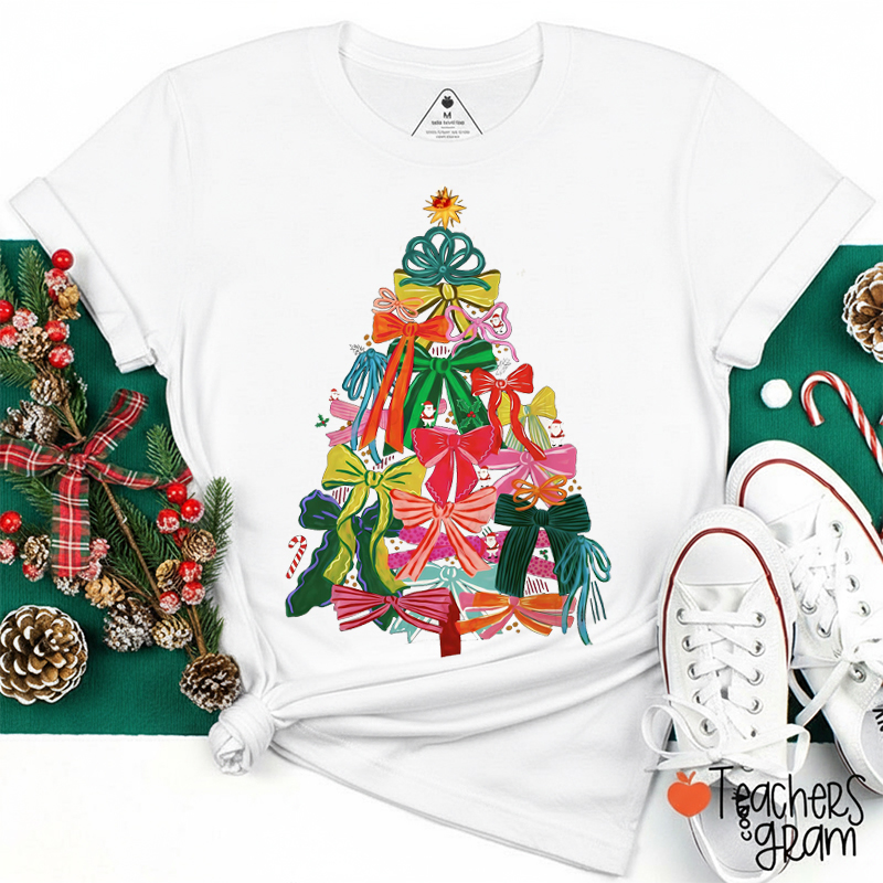 Colorful Coquette Bow Christmas Tree Teacher T-shirt