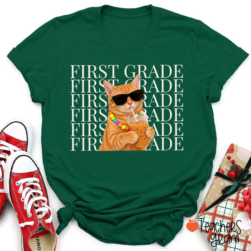 Personalized Grade Cool Cat Bubble Tea Graphic Teacher T‑Shirt
