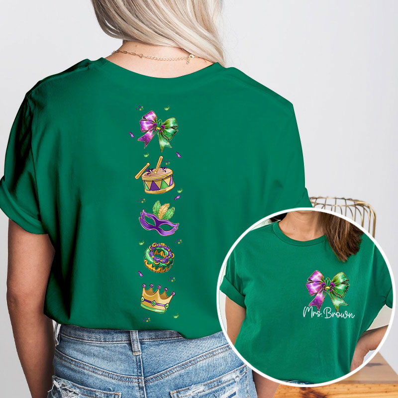 Personalized Name Mardi Gras Bow Teacher Two Sided T-Shirt