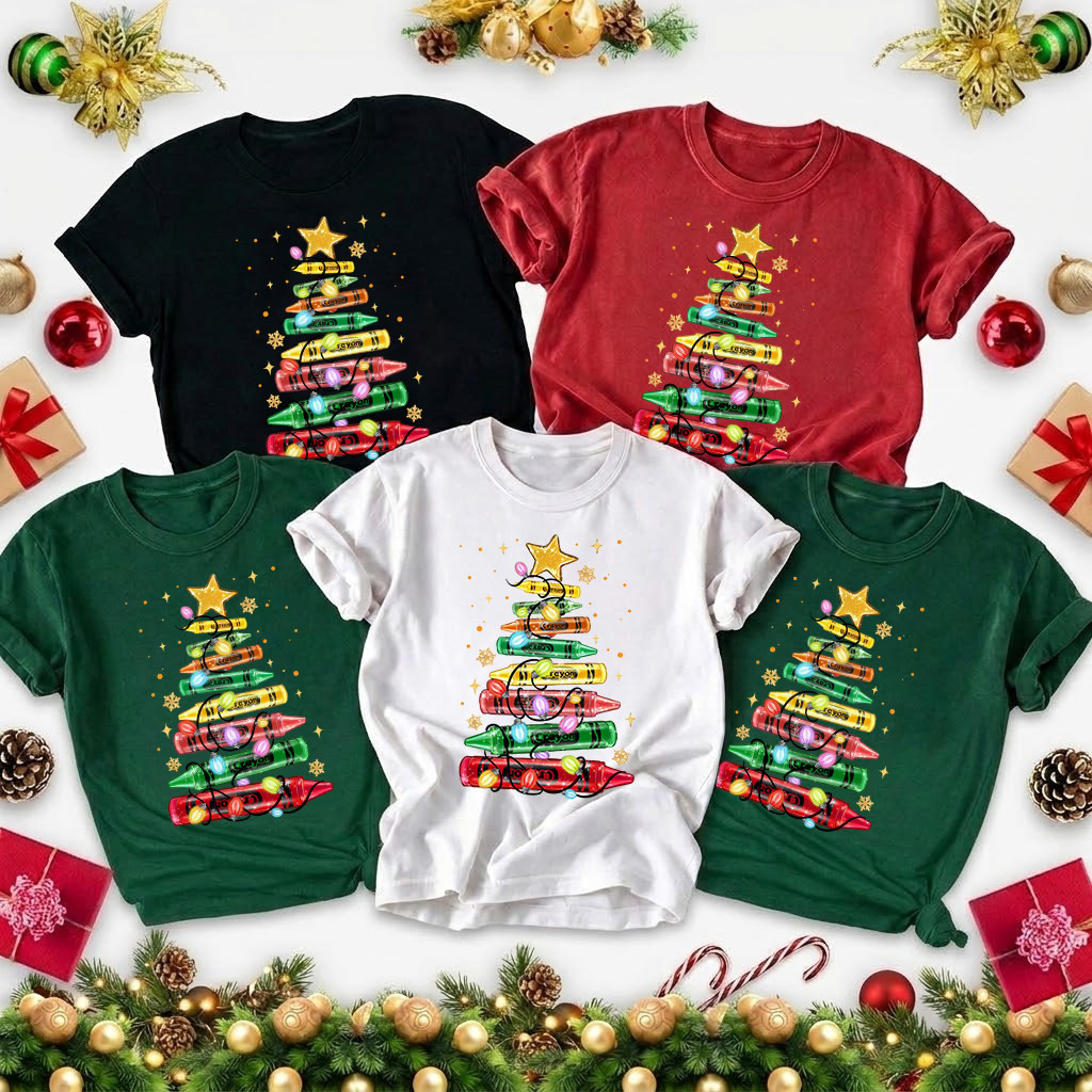 Crayon Tree Christmas Lights Teacher T-Shirt