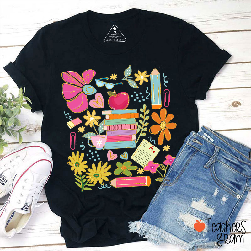 Books Flowers Pencils Notebooks Apples Stationery Teacher T-Shirt