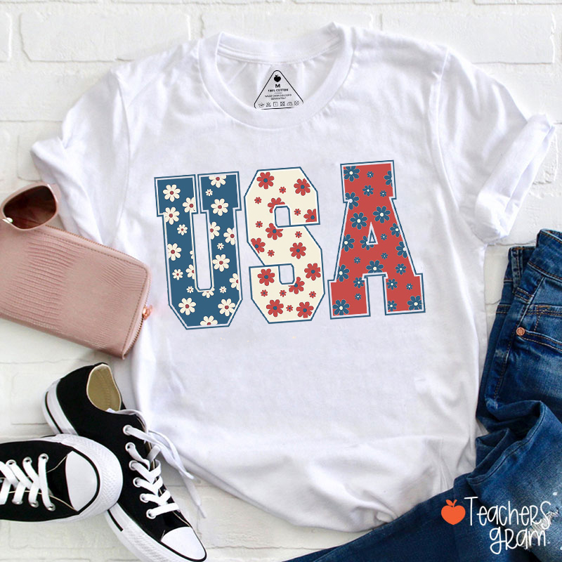 USA Floral Independence Day Teacher T-Shirt