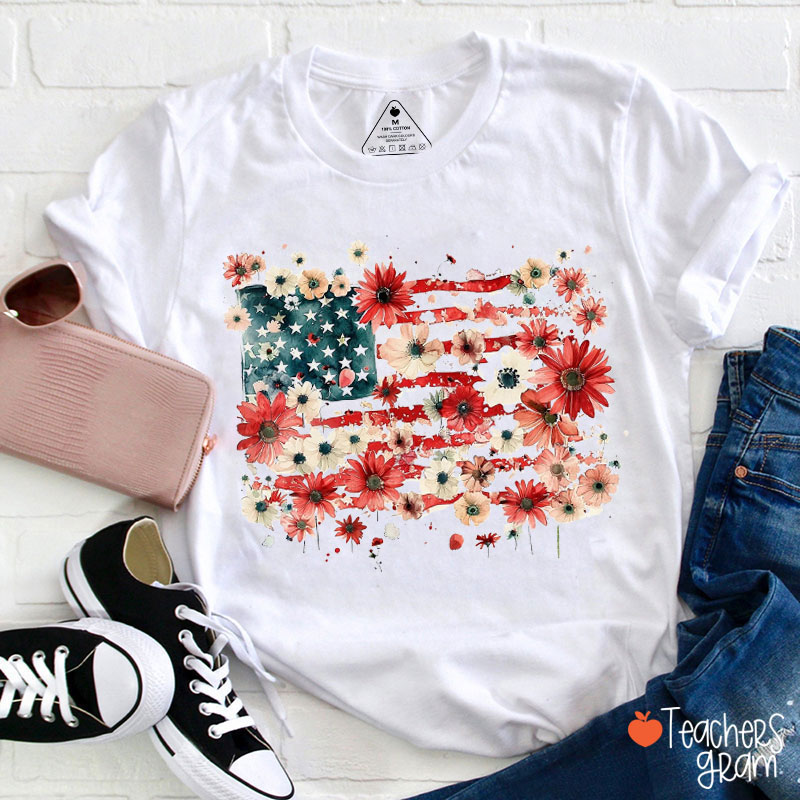 American Flag Floral Teacher T-Shirt