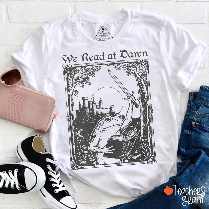 Vintage Woodcut Frog With Sword Book Castle Graphic Teacher T-Shirt