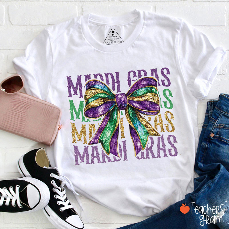 Faux Glitter Mardi Gras Bow Teacher T-Shirt