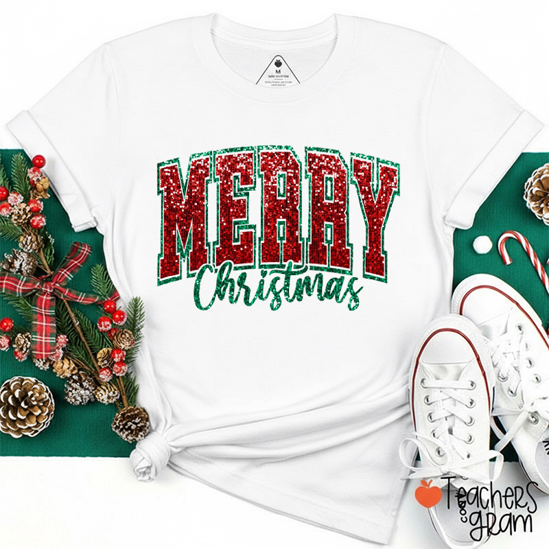 Glitter Merry Christmas Teacher T-Shirt