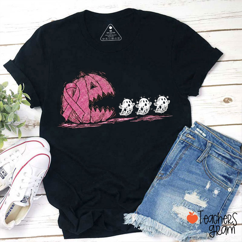 Halloween Faux Glitter Breast Cancer Awareness Teacher T-Shirt