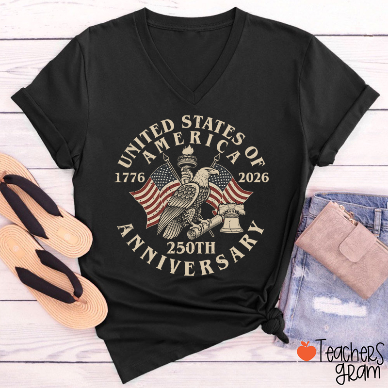 United States Of America 250th Anniversary Teacher Female V-Neck T-Shirt
