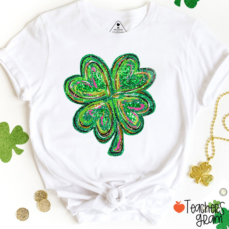 Glitter Four Leaf Clover Teacher T-Shirt
