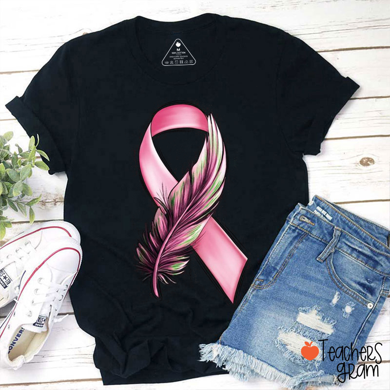 Feather Pink Ribbon Breast Cancer Awareness Teacher T-Shirt