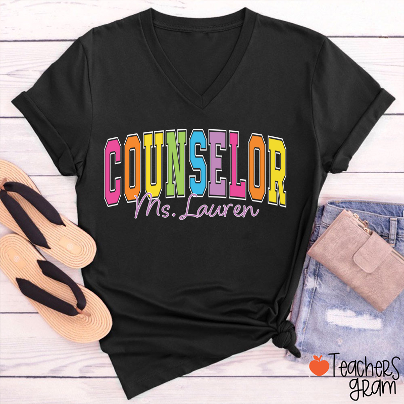 Personalized Name Grade Color Teacher Female V-Neck T-Shirt