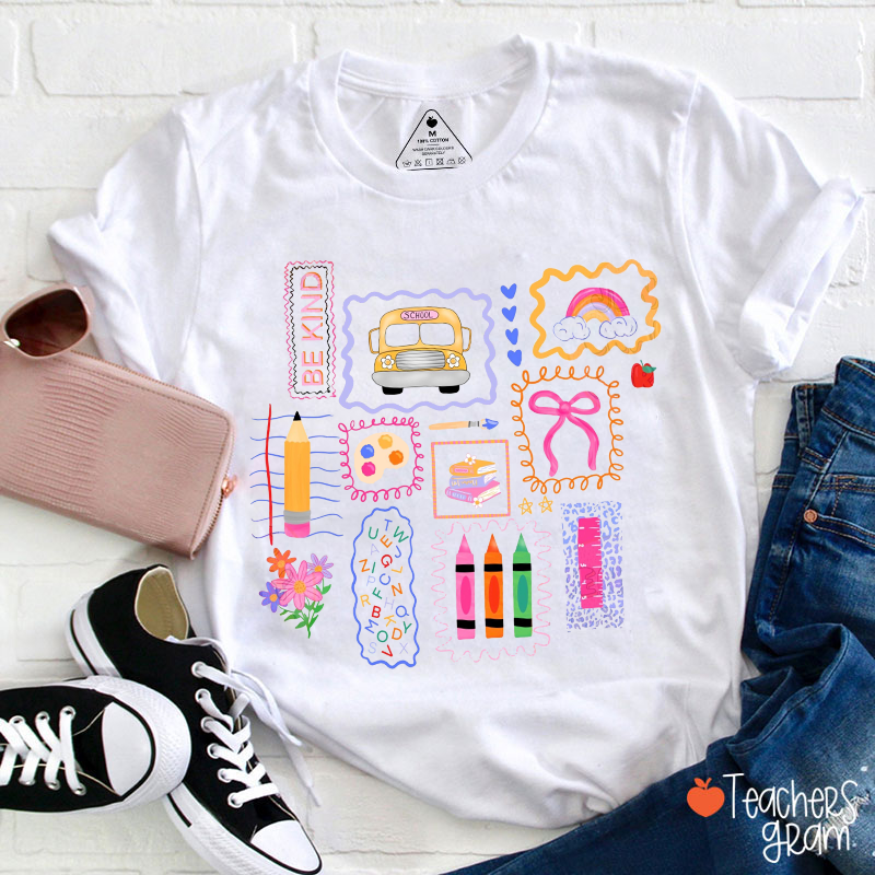 Be Kind School Bus Rainbow Bow Stationery Teacher T-Shirt