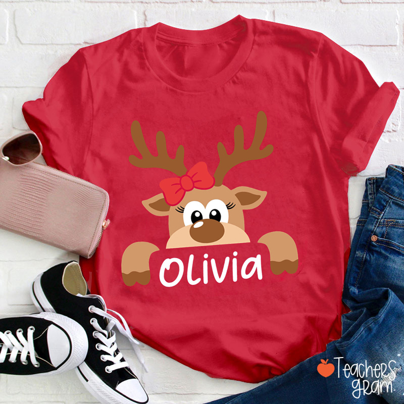 Personalized Name Reindeer Christmas Teacher T-Shirt