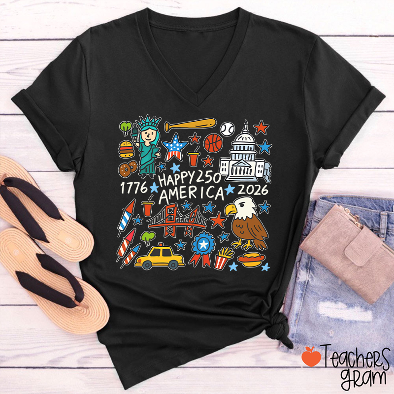 America 250th Anniversary Teacher Female V-Neck T-Shirt
