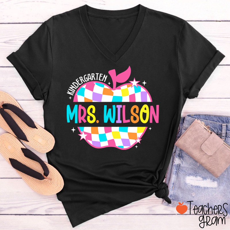 Personalized Colorful Checkerboard Hollow Apple Teacher Female V-Neck T-Shirt