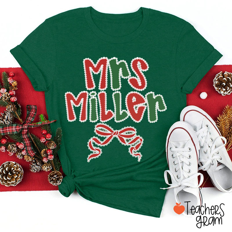 Personalized Name Christmas Lace Bow Teacher T-shirt