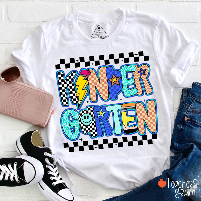 Personalized Grade Checkerboard Pencil Smiley Face Teacher T-Shirt