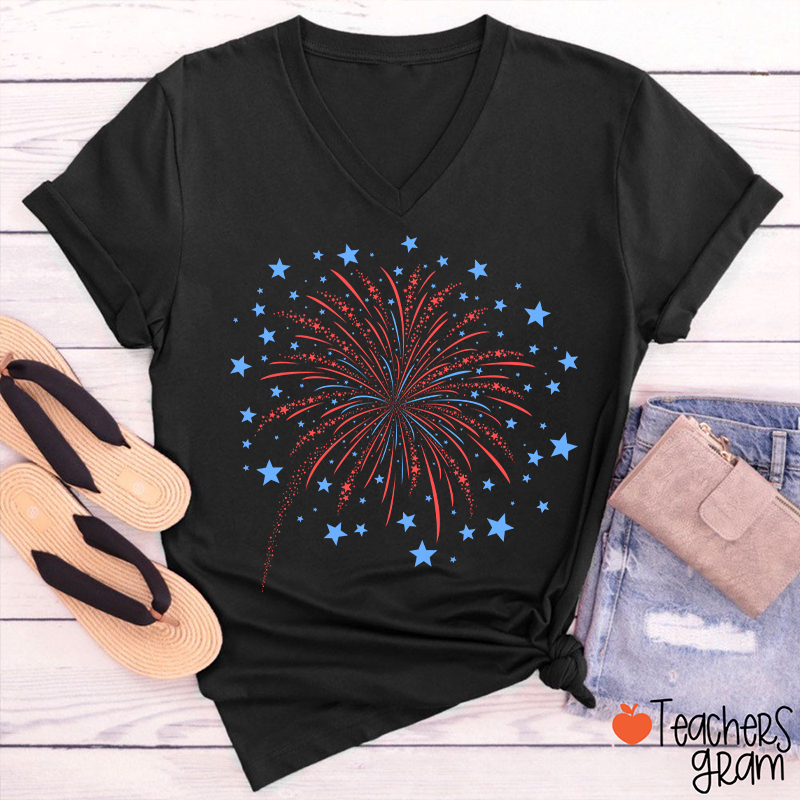 4th Of July Firework Teacher Female V-Neck T-Shirt