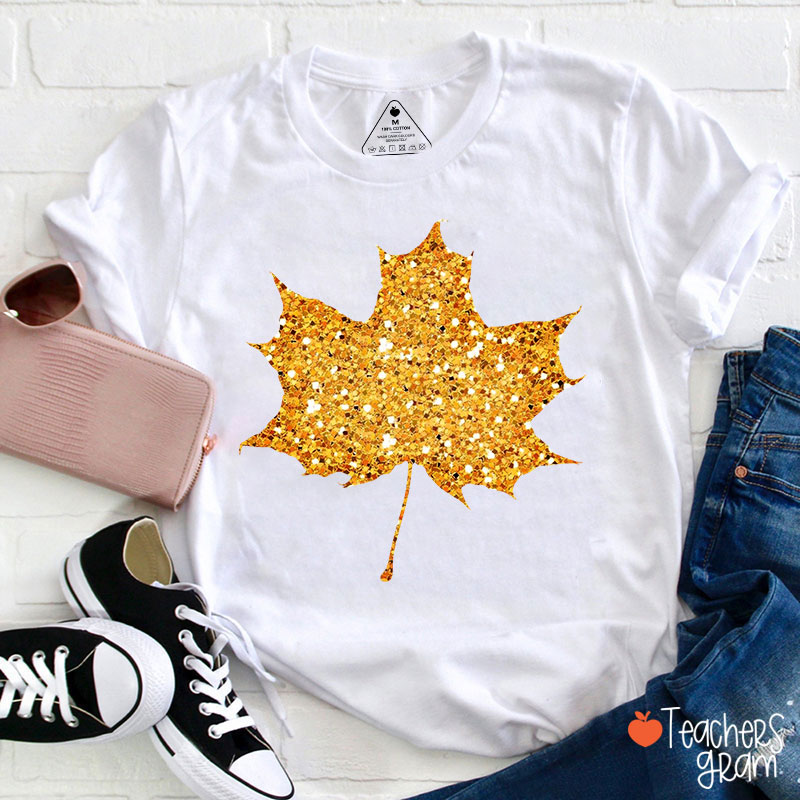 Autumn Glitter Maple Leaves Teacher T-Shirt