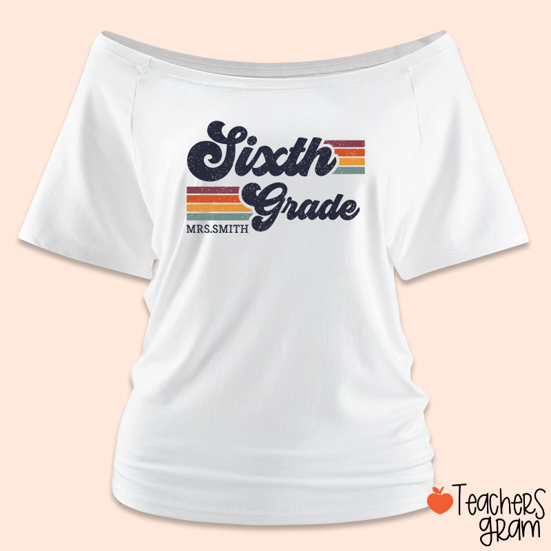 Personalized Grade And Name Retro Horizontal Stripes Teacher Off Shoulder Shirt