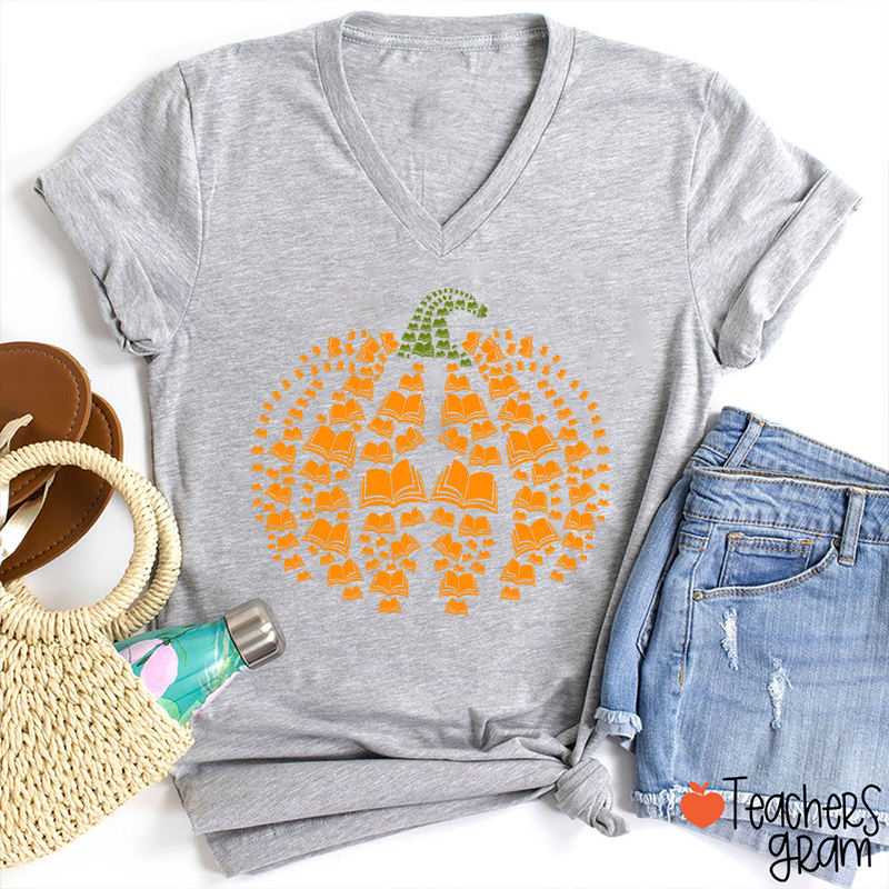 Halloween Pumpkins And Books Teacher Female V-Neck T-Shirt