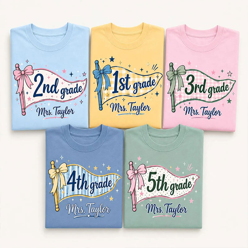 Personalized Shinging Stars And Bow Pennant Teacher T-Shirt