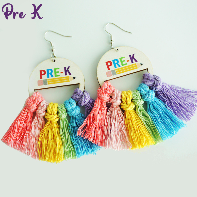 Grade Tassel Rainbow Teacher Wooden Earrings