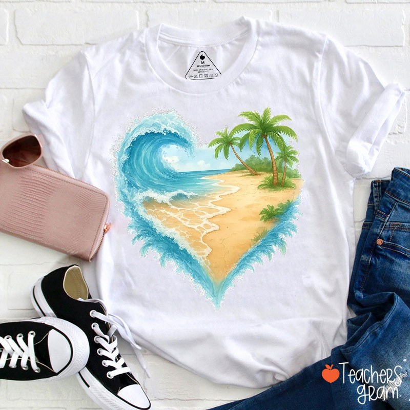 Heart-Shaped Ocean Beach Teacher T-Shirt