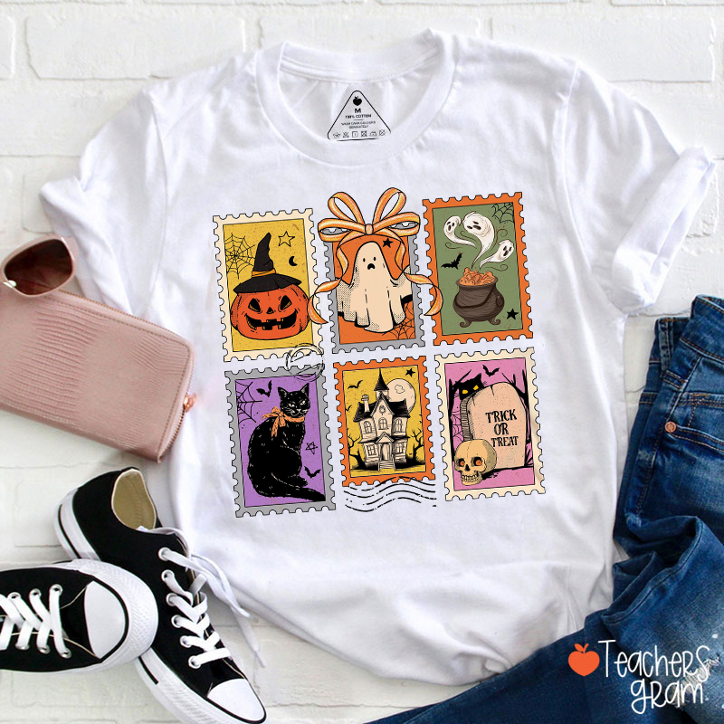 Retro Halloween Cat Ghost Teacher T-Shirt