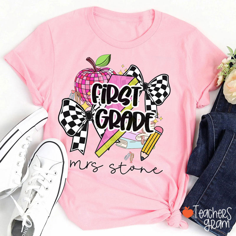 Personalized Grade And Name Checkered Apple Bow Lightning Teacher T-Shirt