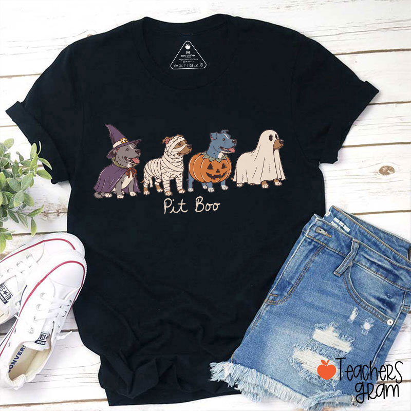 Pit Boo Pitbull Dogs Halloween Costume Teacher T‑Shirt