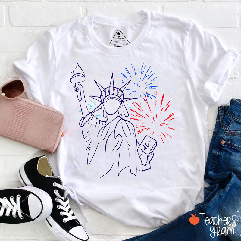 Simple Line Drawing The Statue Of Liberty Teacher T-Shirt