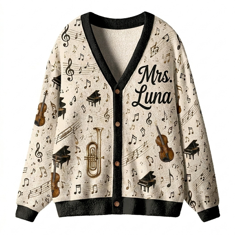 Personalized Name Musical Instrument Music Note Teacher Ugly Cardigan Sweaters