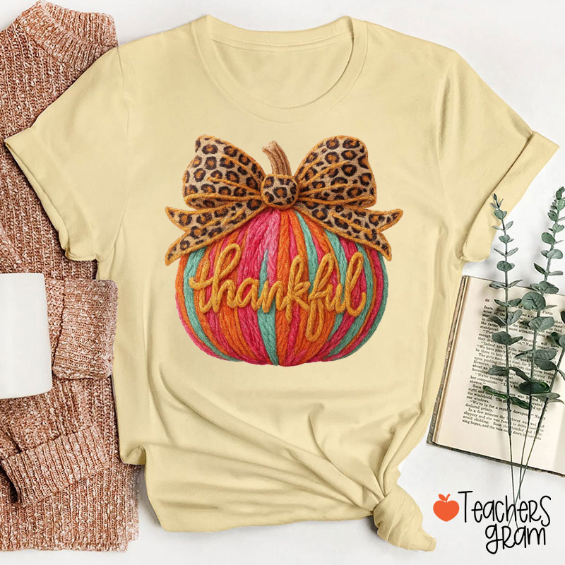 Faux Yarn Give Thanks Leopard Pumpkin Teacher T-Shirt