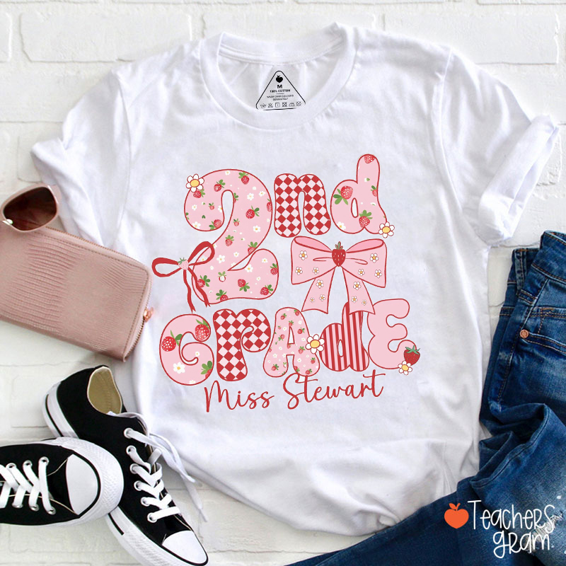 Personalized Grade And Name Strawberry Bow Teacher T-Shirt
