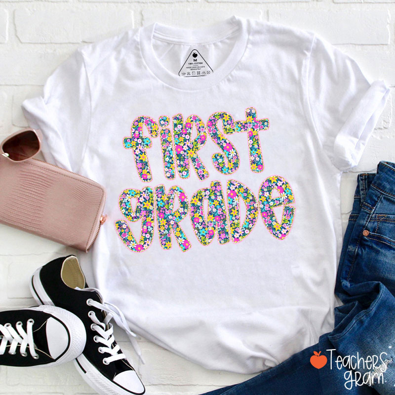 Personalized Grade Flowers Print Fonts Teacher T-Shirt
