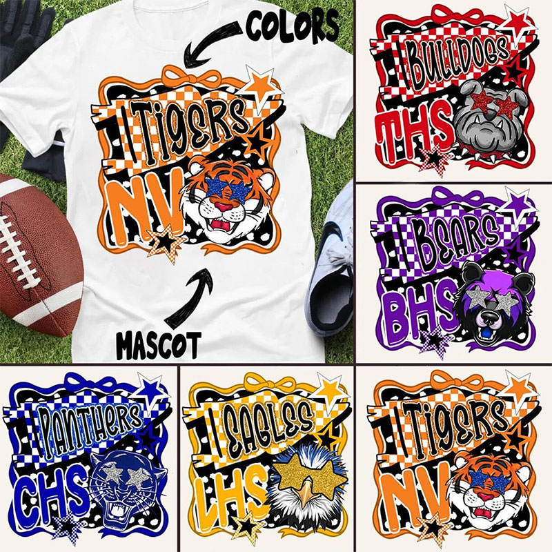 Personalized Mascot School Spirit Checkered Bow Teacher T-Shirt