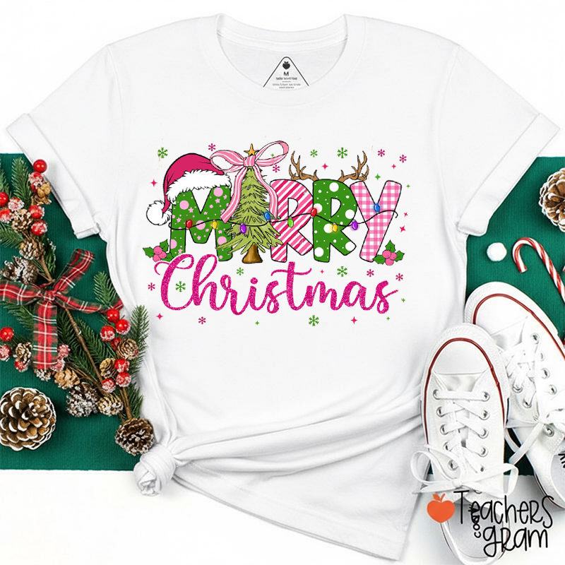 Faux Glitter Merry Christmas Teacher T-Shirt
