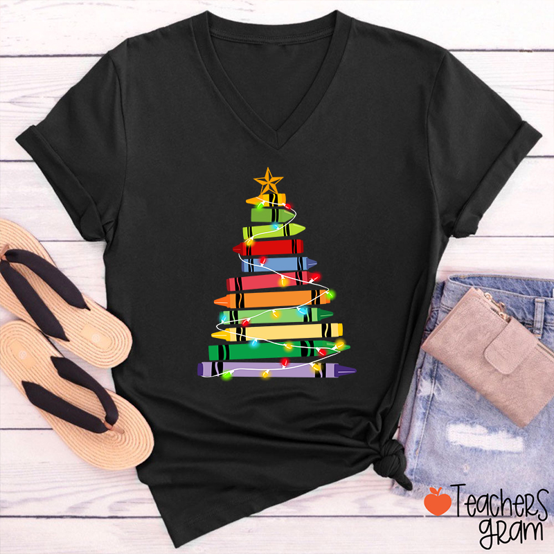 Crayons Tree Colored Ligths Teacher Female V-Neck T-Shirt