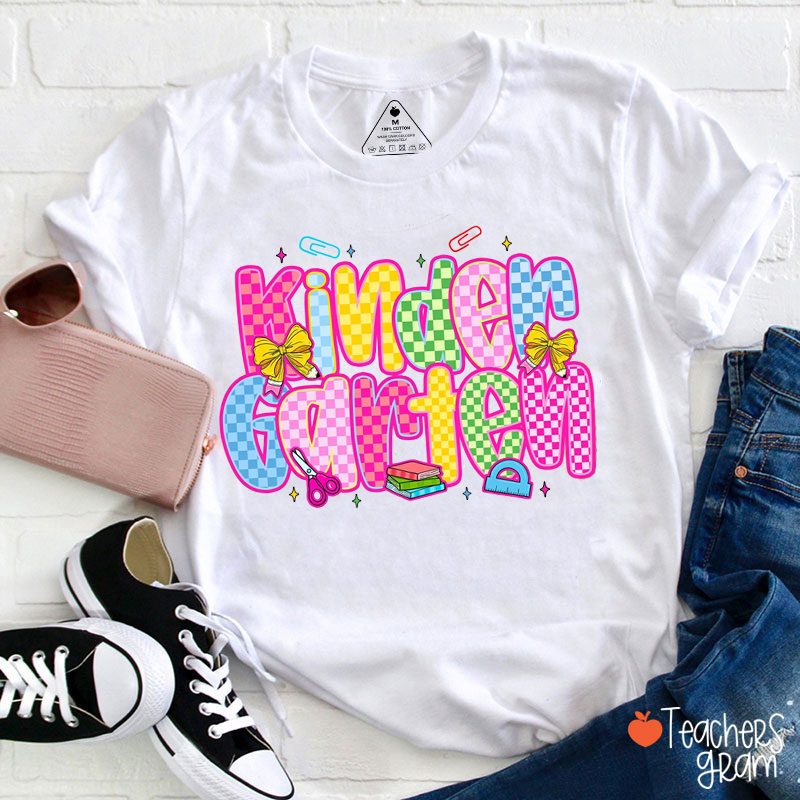 Personalized Grade Colored Checkered Teacher T-Shirt