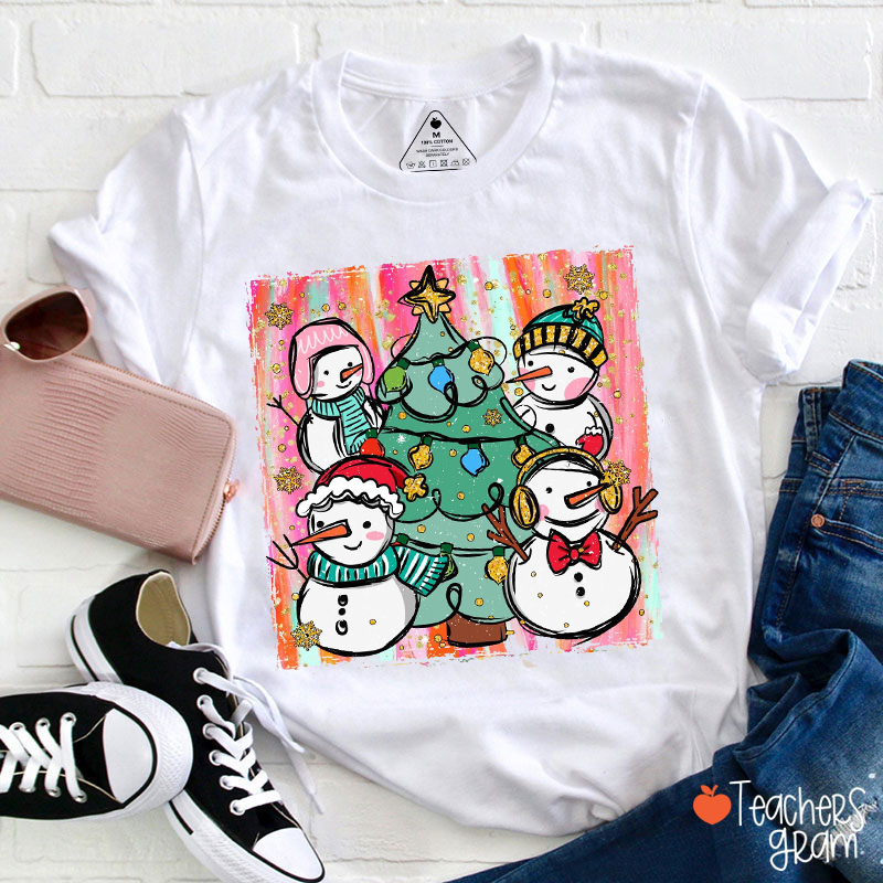 Colorful Christmas Snowman Teacher T-Shirt