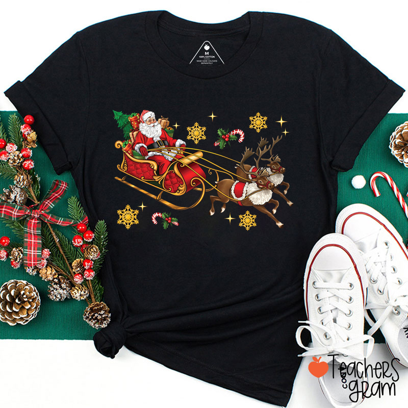Santa Sleigh And Reindeers Teacher T-Shirt