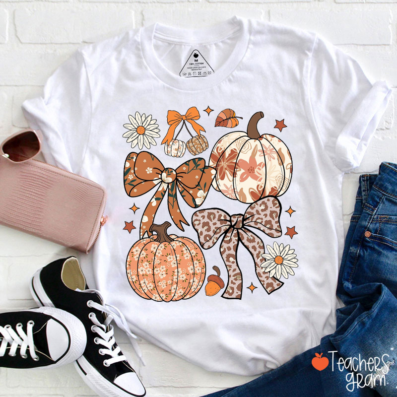 Flower Bow Tie And Pumpkin Teacher T-Shirt