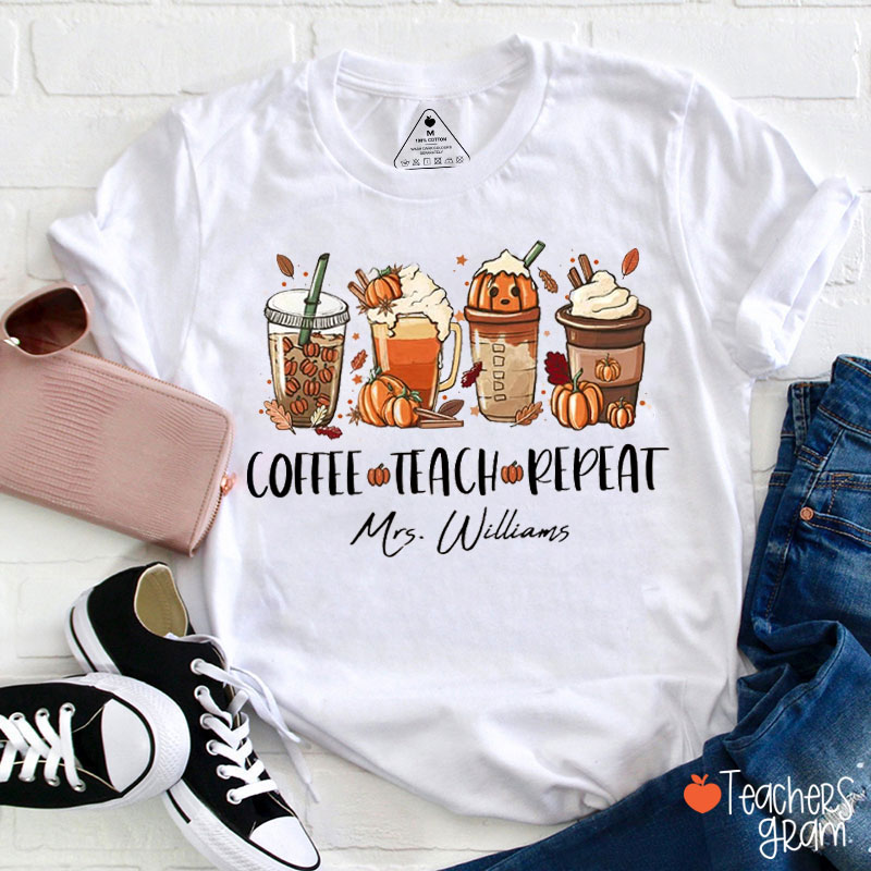 Personalized Halloween Coffee Teach Repeat Teacher T-Shirt