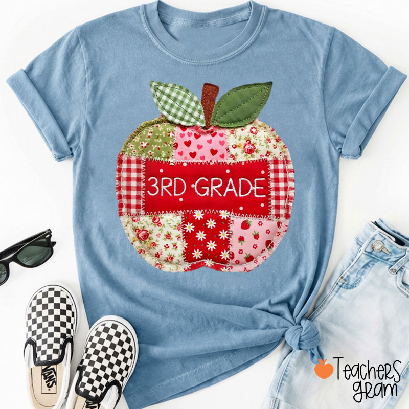 Personalized Grade Faux Patchwork Apple Teacher T-Shirt